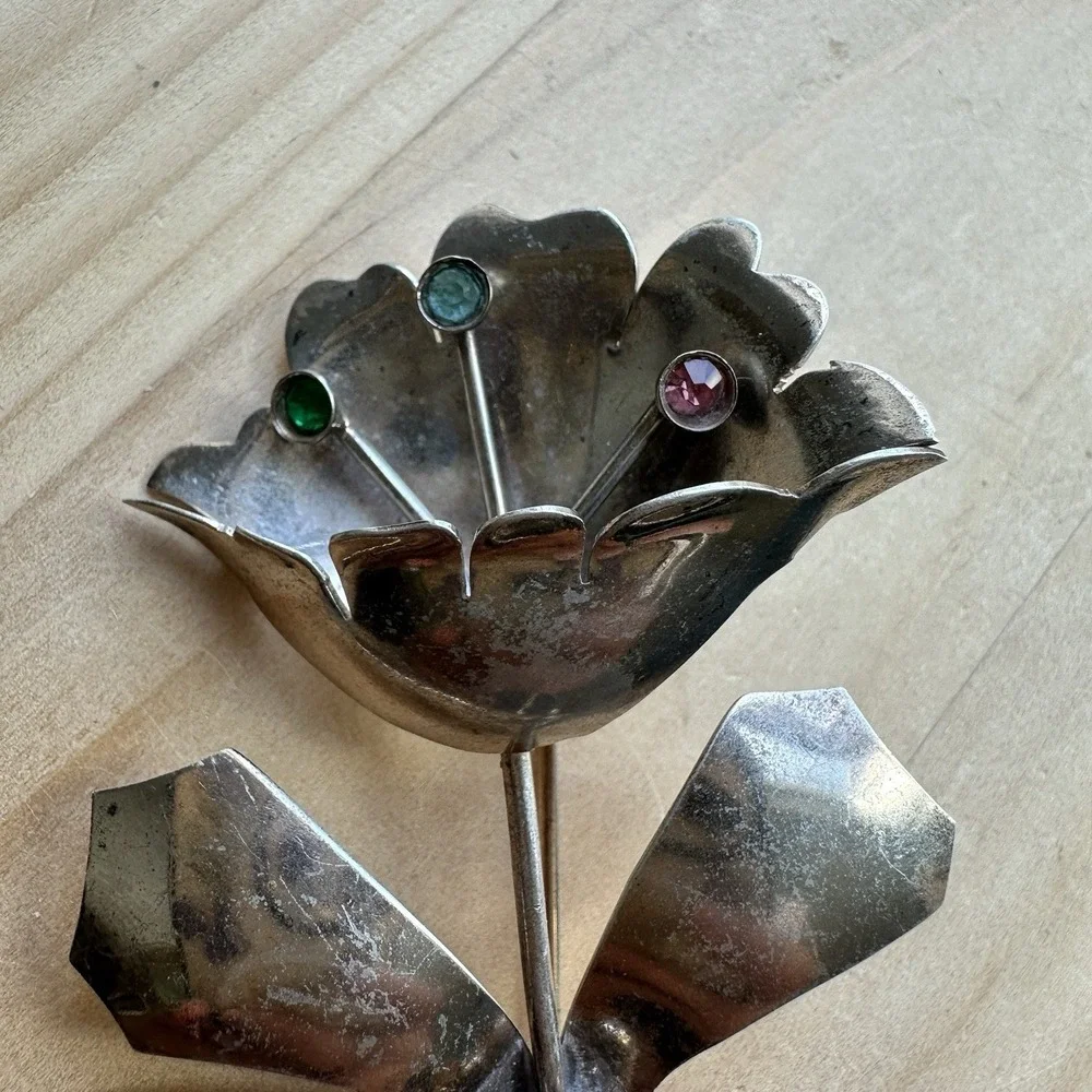 Vintage Artisan Brooch‎ Pin 3.25 Inch Multicolor Crystals Sterling Silver 17.5g